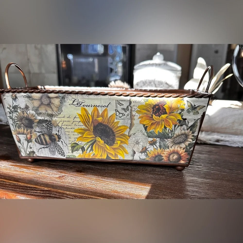 Hand crafted Artisan rustic Floral Metal Storage Bin Brown and Yellow